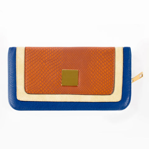 Zip-around Wallet - Blue Brown and Cream - PU Material - All Bags - JP-W-18 - All Bags Online